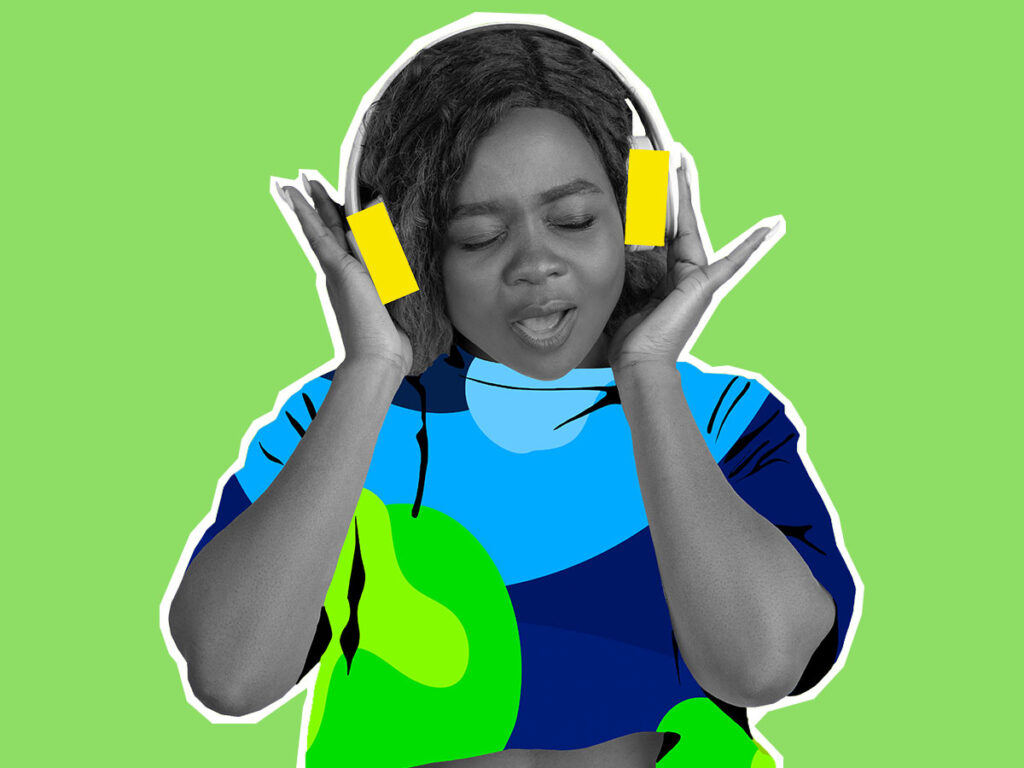 Image of woman with headphones on listening to Widowcast podcast